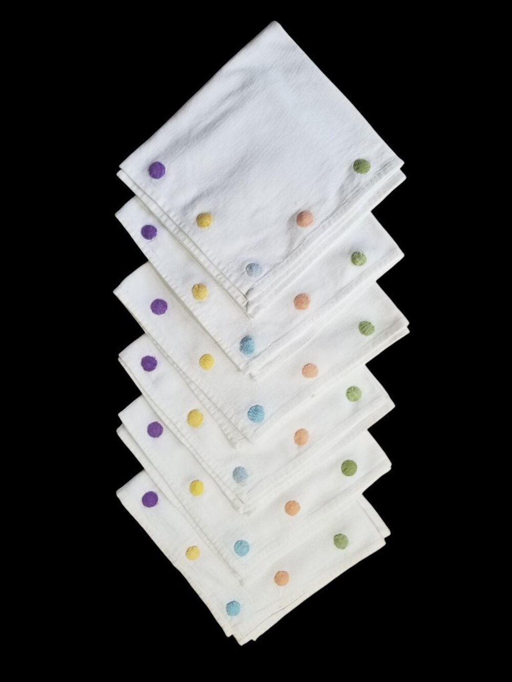6 Dinner Napkins Large White Cotton w/ Colorful Handsewn Puffy Polka Dots